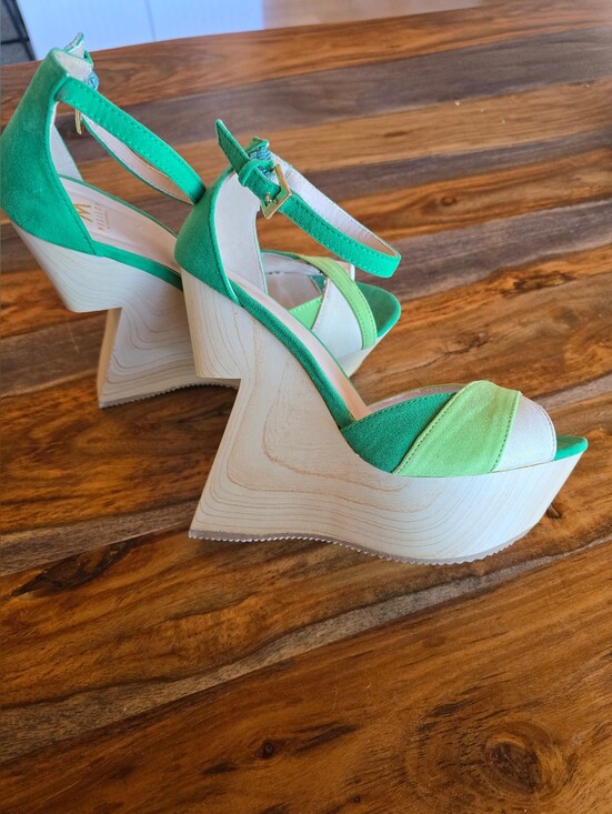 Madison Shoes - Green Two-Tone Suede Platform Wedge Sandals By Madison